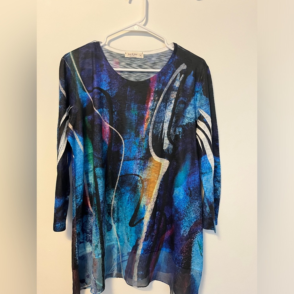 Jess & Jane Eclipse 3/4 Sleeve Chiffon Tunic is made in the USA